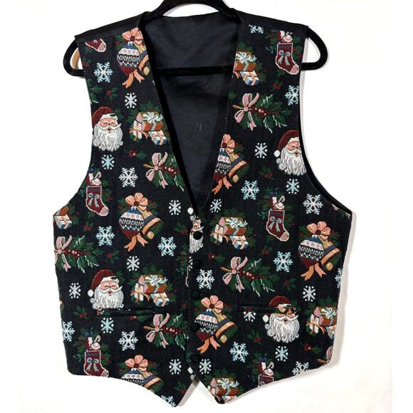 Vintage Jackets & Blazers - Christmas Tapestry Vest Santa Holidays Snowflake Black Red Women Medium M USA